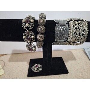 Vintage Style Silvertone Bracelet Lot 4 Pc Filigree Panel Openwork 602f